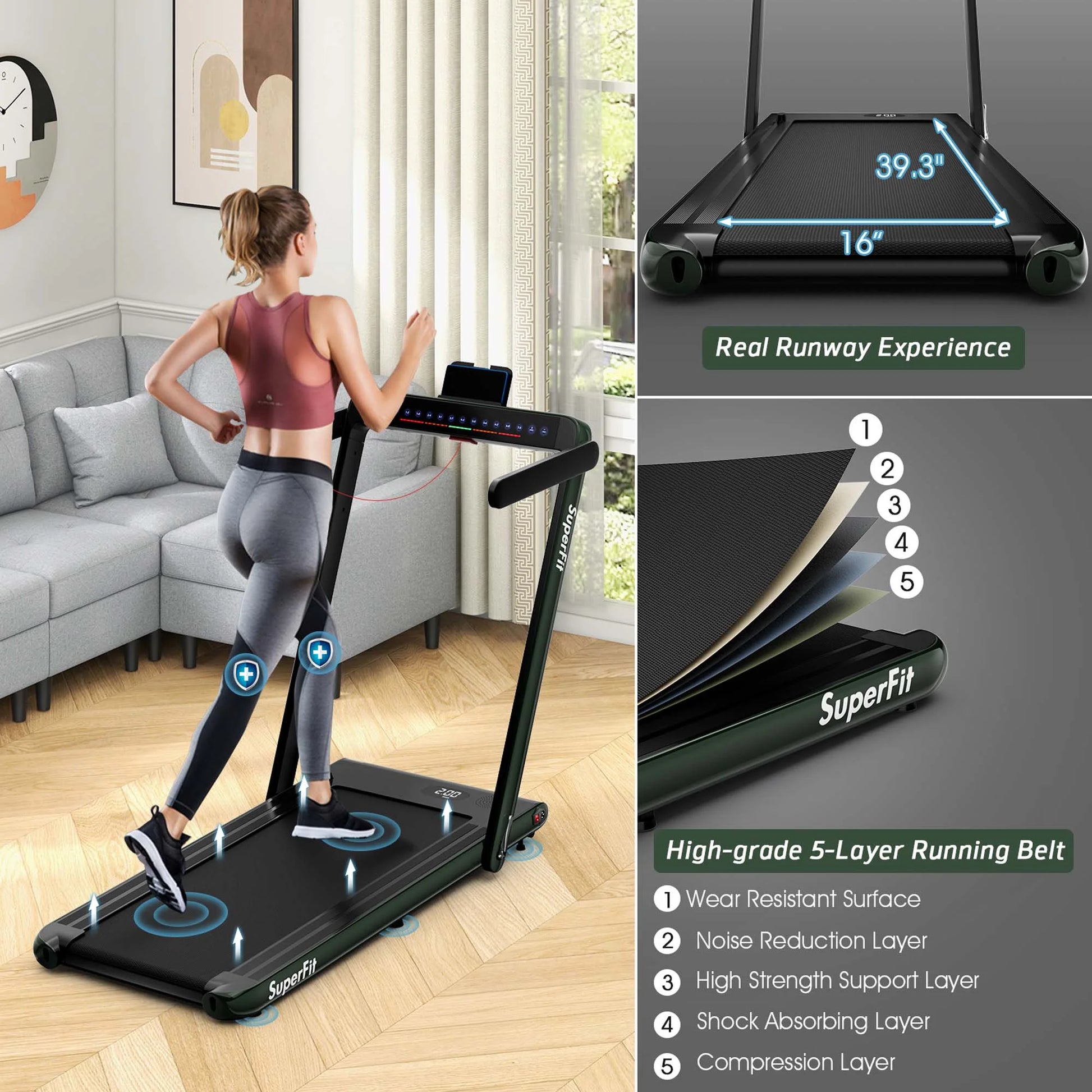 Superfit up to 7.5MPH 2.25HP 2 in 1 Dual Display Screen Treadmill Jogging Machine W/APP Control Green