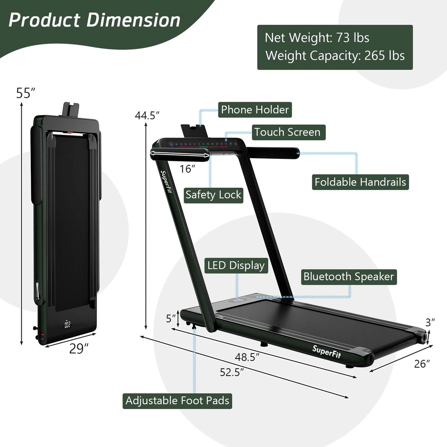 Superfit up to 7.5MPH 2.25HP 2 in 1 Dual Display Screen Treadmill Jogging Machine W/APP Control Green