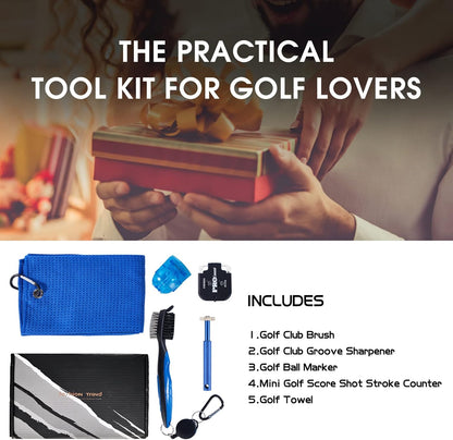 Golf Club Cleaner and Tool Accessories,Comes with a Golf Towel, Golf Club Brush,Golf Club Groove Sharpener,Golf Ball Marker,Mini Golf Score Shot Stroke Counter