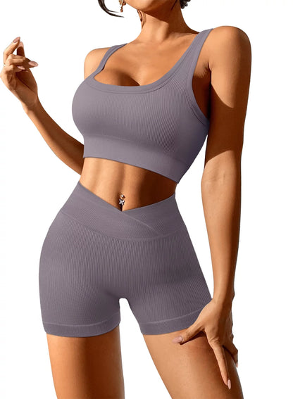 Women 2 Piece Outfits Workout Set Seamless Sport Butt Lifting Shorts Gym Yoga Booty Short Crop Tank Top Tracksuit