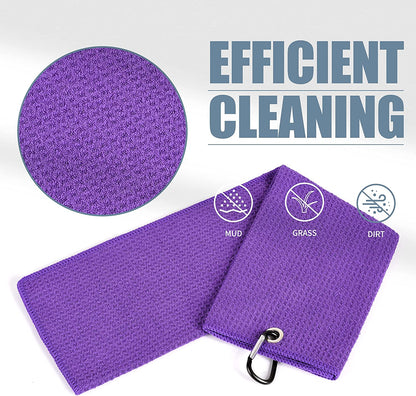 Tri-Fold Golf Towel | Premium Microfiber Fabric | Waffle Pattern | with Heavy Duty Carabiner Clip | Golf Towel for Men and Women (Purple Golf Towel)