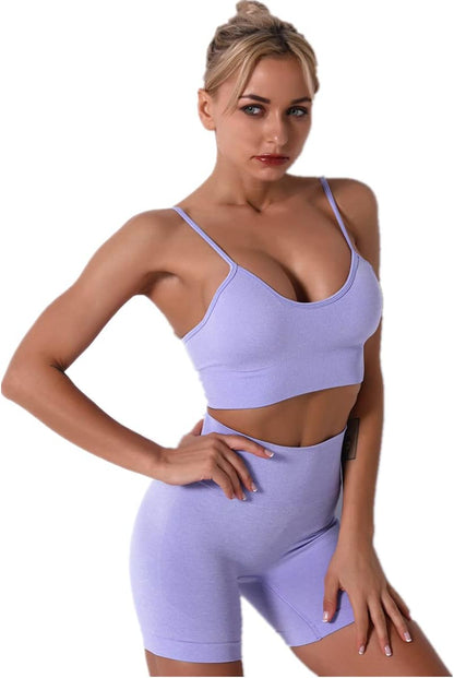 Women Seamless Yoga Outfits 2 Piece Workout Short Sleeve Crop Top with High Waisted Running Shorts Sets Activewear