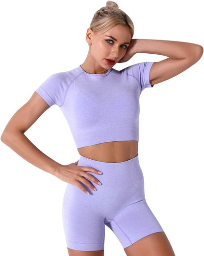 Women Seamless Yoga Outfits 2 Piece Workout Short Sleeve Crop Top with High Waisted Running Shorts Sets Activewear