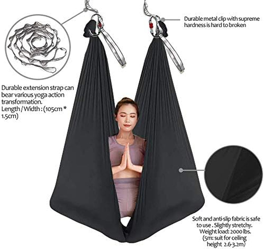 Aerial Yoga Hammock L:5M W:2.8M 5.5 Yards Aerial Pilates Silk Yoga Swing Set with 2000 Ibs Load Include Daisy Chain, Pose Guide