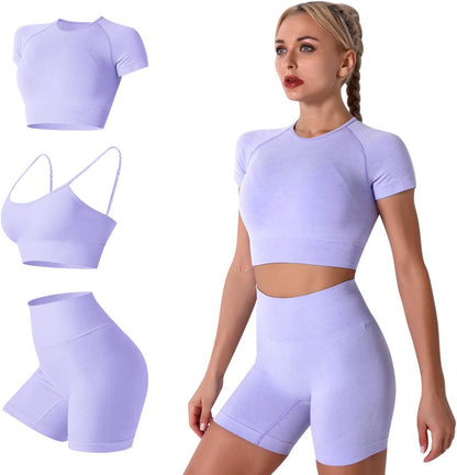 Women Seamless Yoga Outfits 2 Piece Workout Short Sleeve Crop Top with High Waisted Running Shorts Sets Activewear