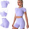 Women Seamless Yoga Outfits 2 Piece Workout Short Sleeve Crop Top with High Waisted Running Shorts Sets Activewear