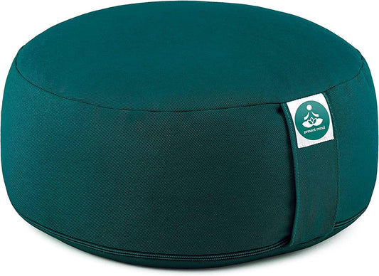 (Height 6.5") round Zafu Yoga Bolster for Gymnastics & Meditation Made in the EU - Emerald Green 100% Natural Cotton Yoga Meditation Buckwheat Cushion with Washable Covers