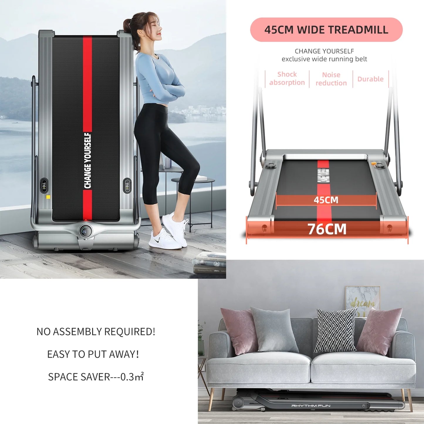 Treadmills for Home 2 in 1 Folding Treadmill under Desk Treadmill Walking Pad with Foldable Handrail 18" Wide Tread Belt Quiet Running Treadmill with Smart Remote Control and Workout App