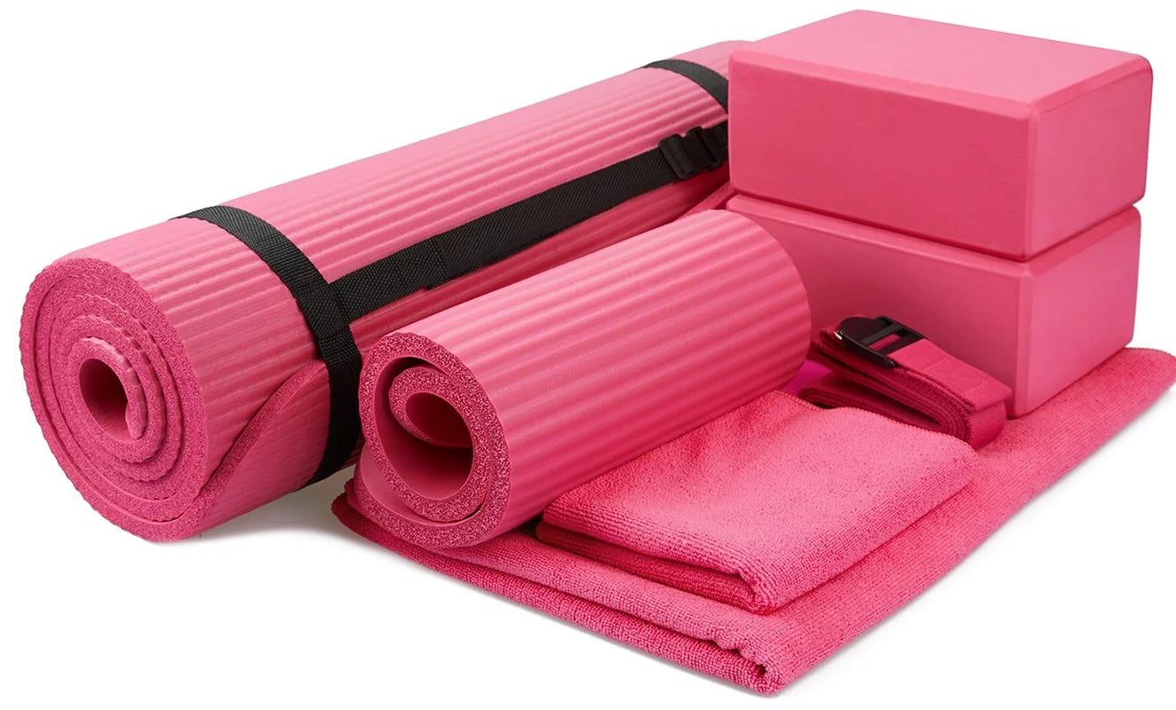 Go Yoga 7-Piece Set - Include Yoga Mat with Carrying Strap, 2 Yoga Blocks, Yoga Mat Towel, Yoga Hand Towel, Yoga Strap and Yoga Knee Pad