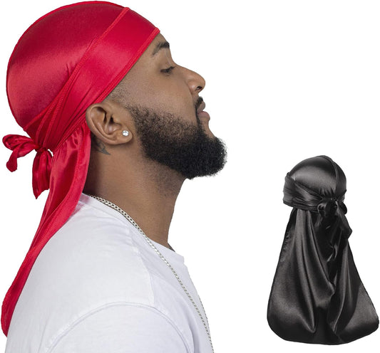 2 Pieces Silky Durag Pack for Men Women Waves, Premium Satin Deluxe Du-Rag