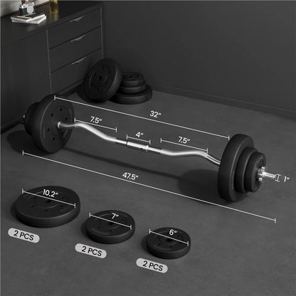 44 Lb Barbell Weight Set with Plates and Detachable Curl Bar, Black