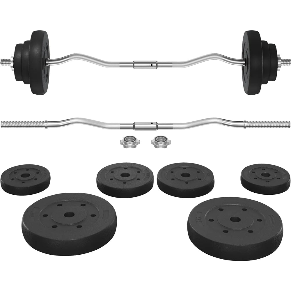 44 Lb Barbell Weight Set with Plates and Detachable Curl Bar, Black