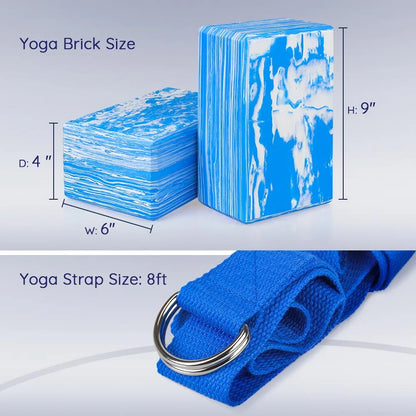 Yoga Blocks 2 Pack plus Yoga Strap with Metal D-Ring for Yoga Pilates Fitness & Gym (Blue, 9"X6"X4" )