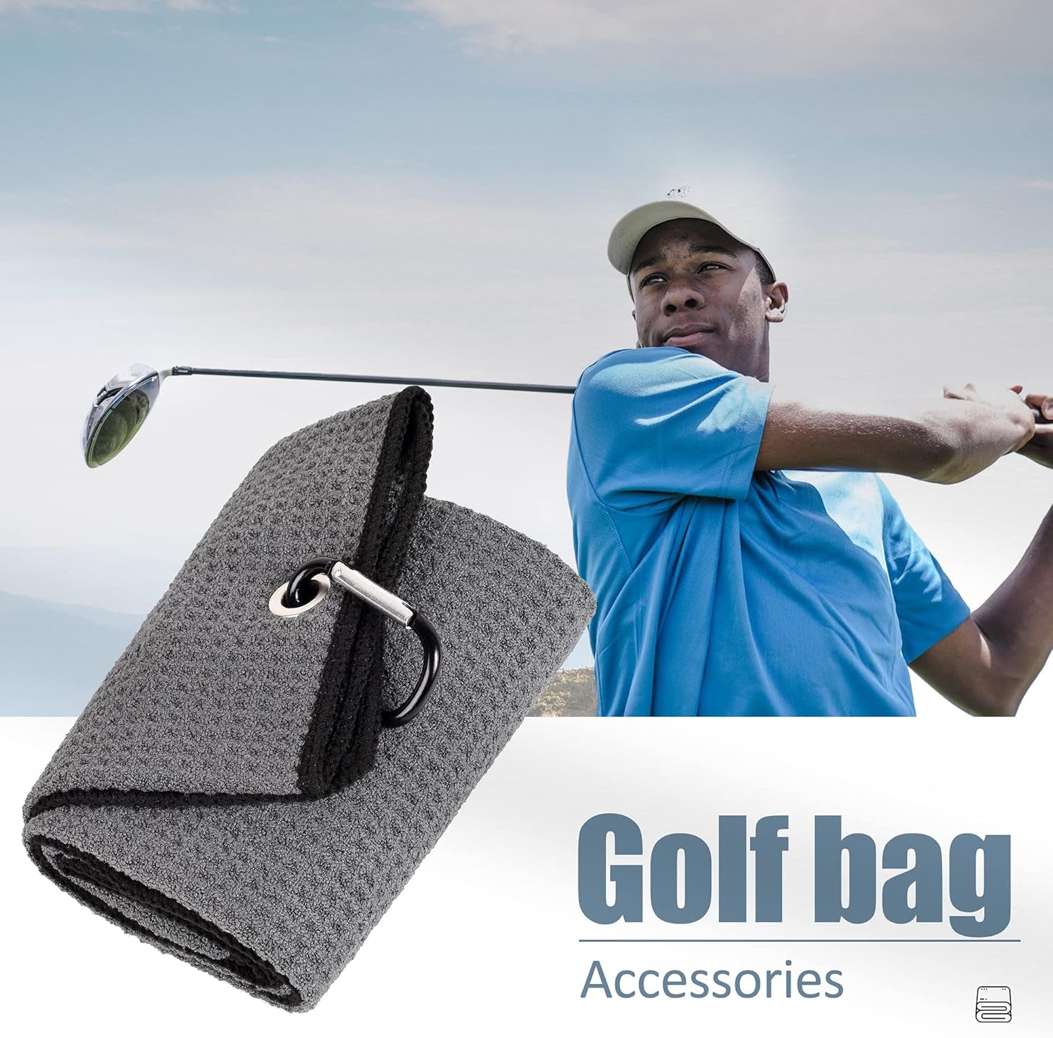 Tri-Fold Golf Towel | Premium Microfiber Fabric | Waffle Pattern | with Heavy Duty Carabiner Clip | Golf Towel for Men and Women (Dark Graygolf Towel)