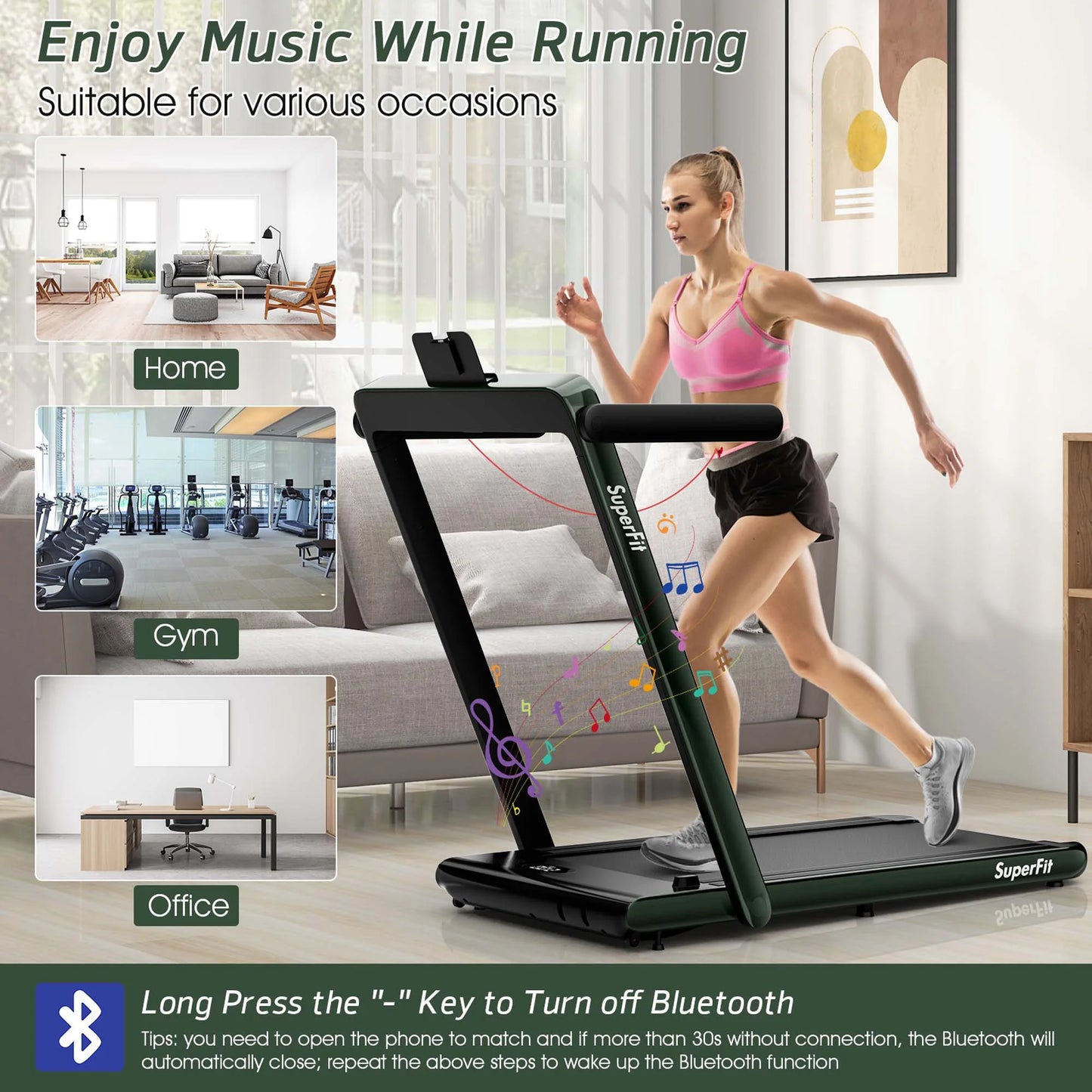 Superfit up to 7.5MPH 2.25HP 2 in 1 Dual Display Screen Treadmill Jogging Machine W/APP Control Green