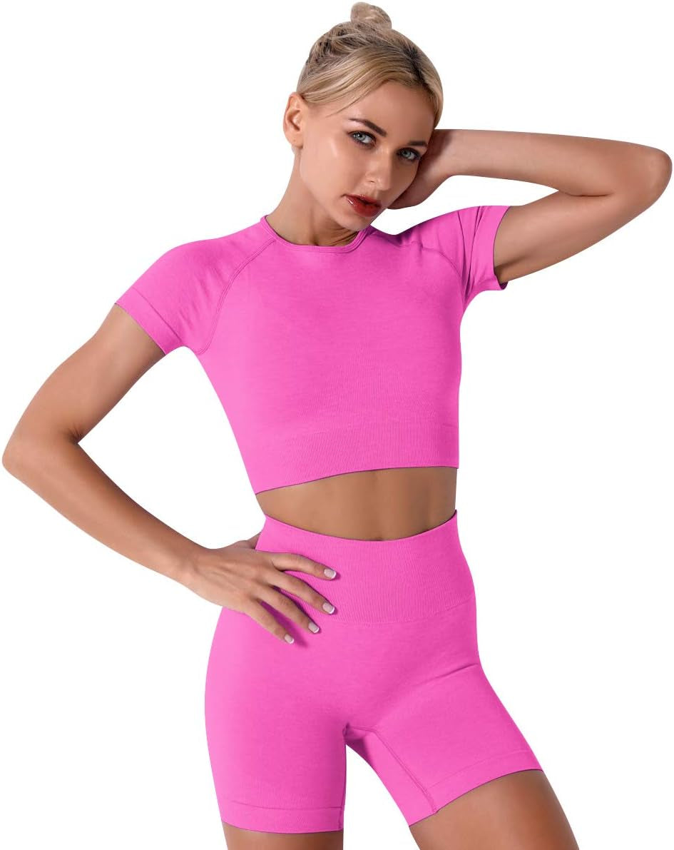 Women'S Yoga Outfit Seamless Workout Set High Waist Exercise Shorts Pants with Sport Crop Top Bra 2PCS Gym Tracksuits