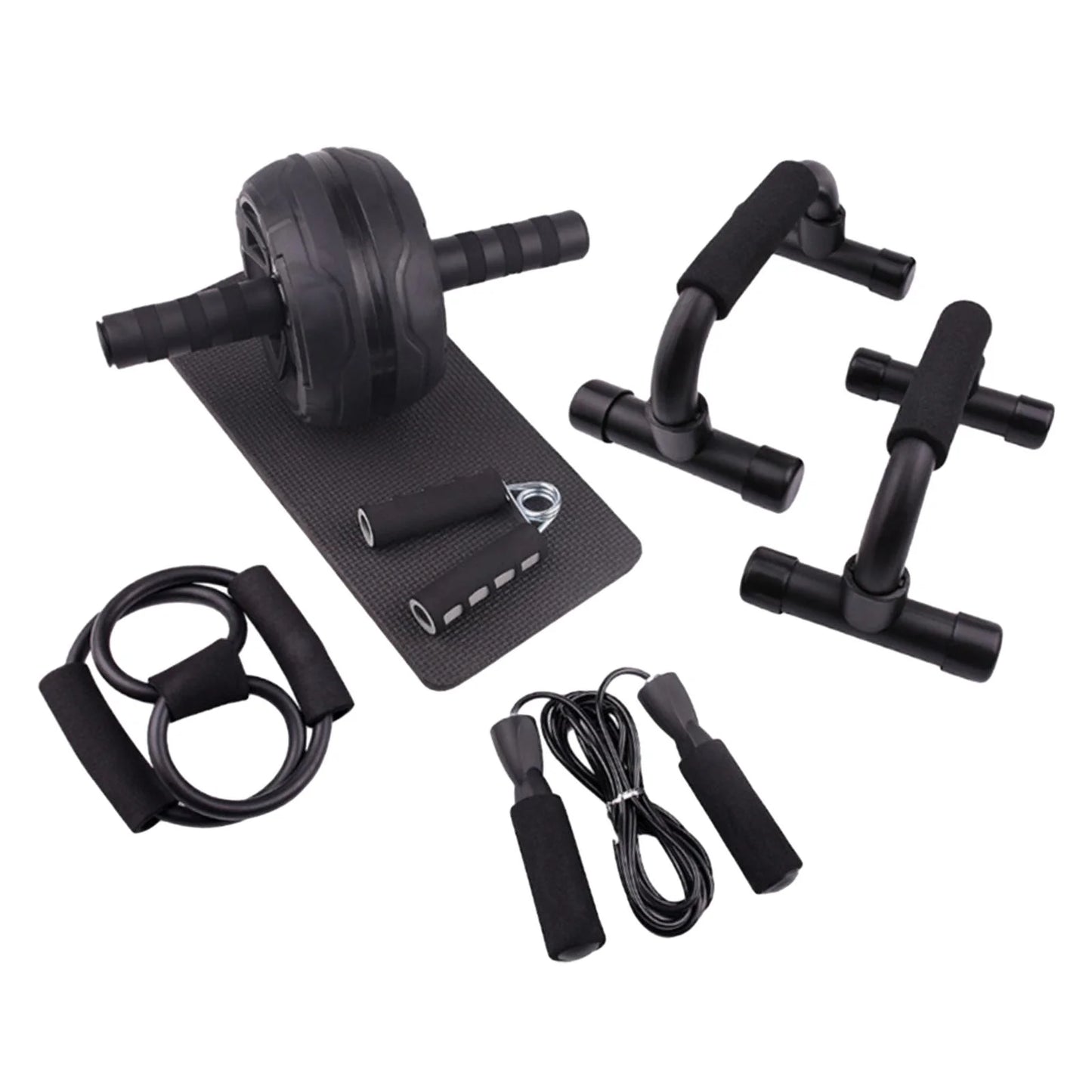 Abs Roller Wheel Indoor Fitness Equipment Set Home Gym Workout Chest Expander Black