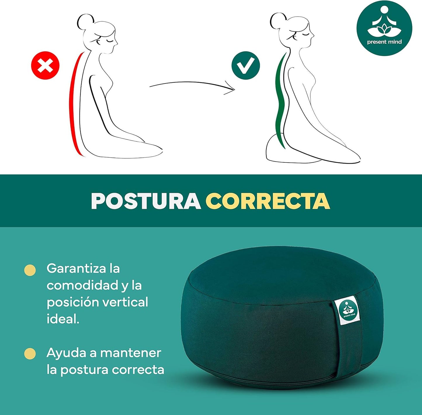 (Height 6.5") round Zafu Yoga Bolster for Gymnastics & Meditation Made in the EU - Emerald Green 100% Natural Cotton Yoga Meditation Buckwheat Cushion with Washable Covers