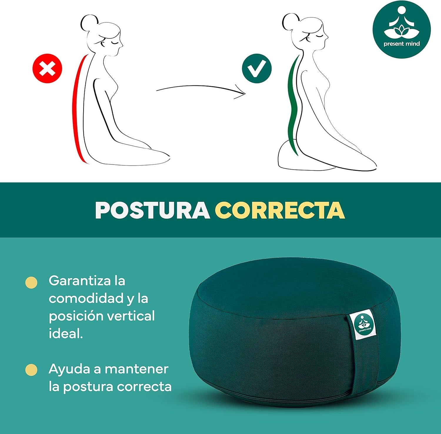 (Height 6.5") round Zafu Yoga Bolster for Gymnastics & Meditation Made in the EU - Emerald Green 100% Natural Cotton Yoga Meditation Buckwheat Cushion with Washable Covers