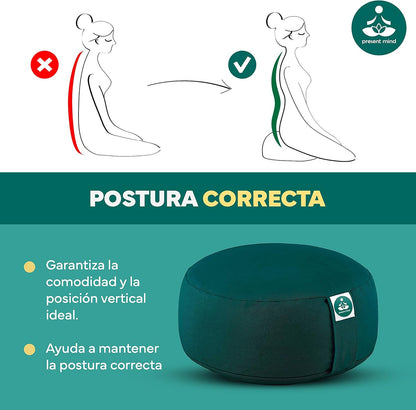 (Height 6.5") round Zafu Yoga Bolster for Gymnastics & Meditation Made in the EU - Emerald Green 100% Natural Cotton Yoga Meditation Buckwheat Cushion with Washable Covers