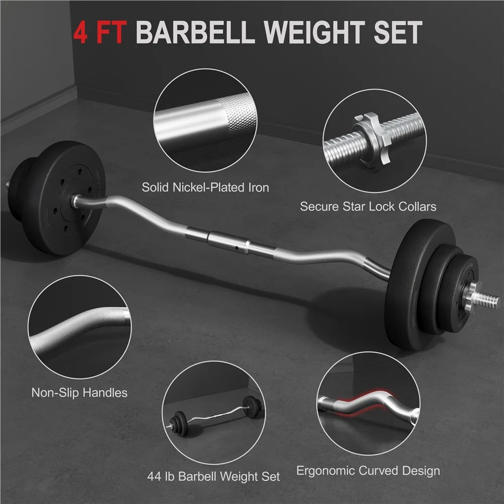 44 Lb Barbell Weight Set with Plates and Detachable Curl Bar, Black