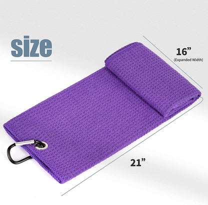 Tri-Fold Golf Towel | Premium Microfiber Fabric | Waffle Pattern | with Heavy Duty Carabiner Clip | Golf Towel for Men and Women (Purple Golf Towel)