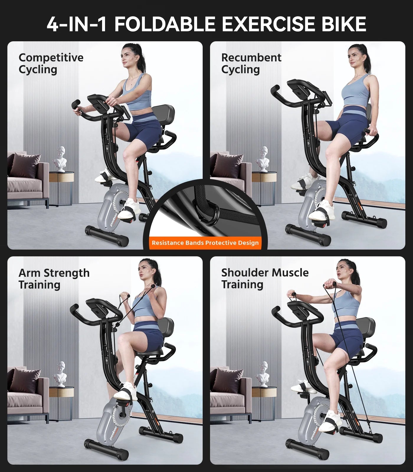 4-In-1 Folding Stationary Upright Recumbent Exercise Bike Machine Home 300 Lbs Adjustable Height Easy to Get On/Off